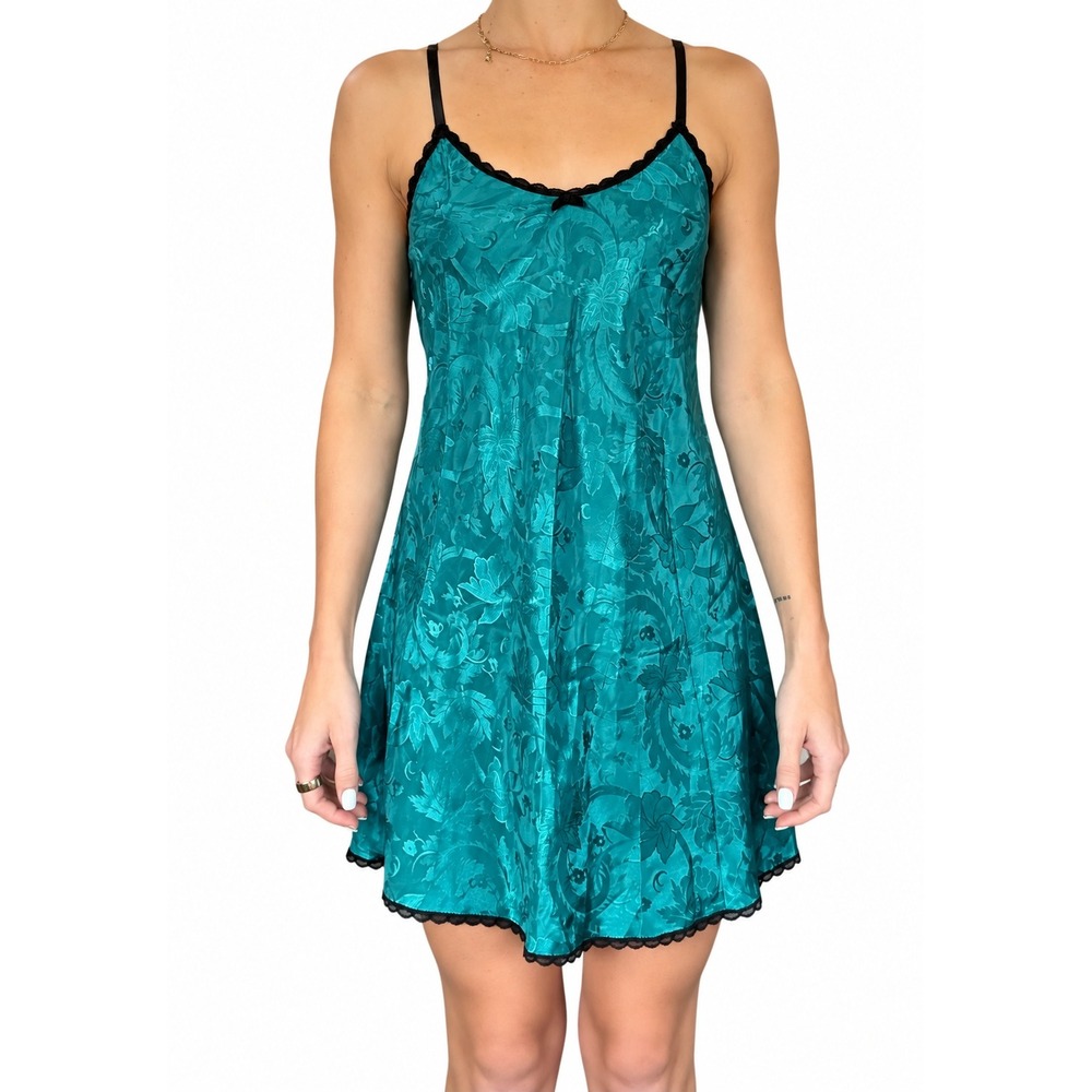 Teal Floral Jacquard Slip Dress with Black Lace Trim